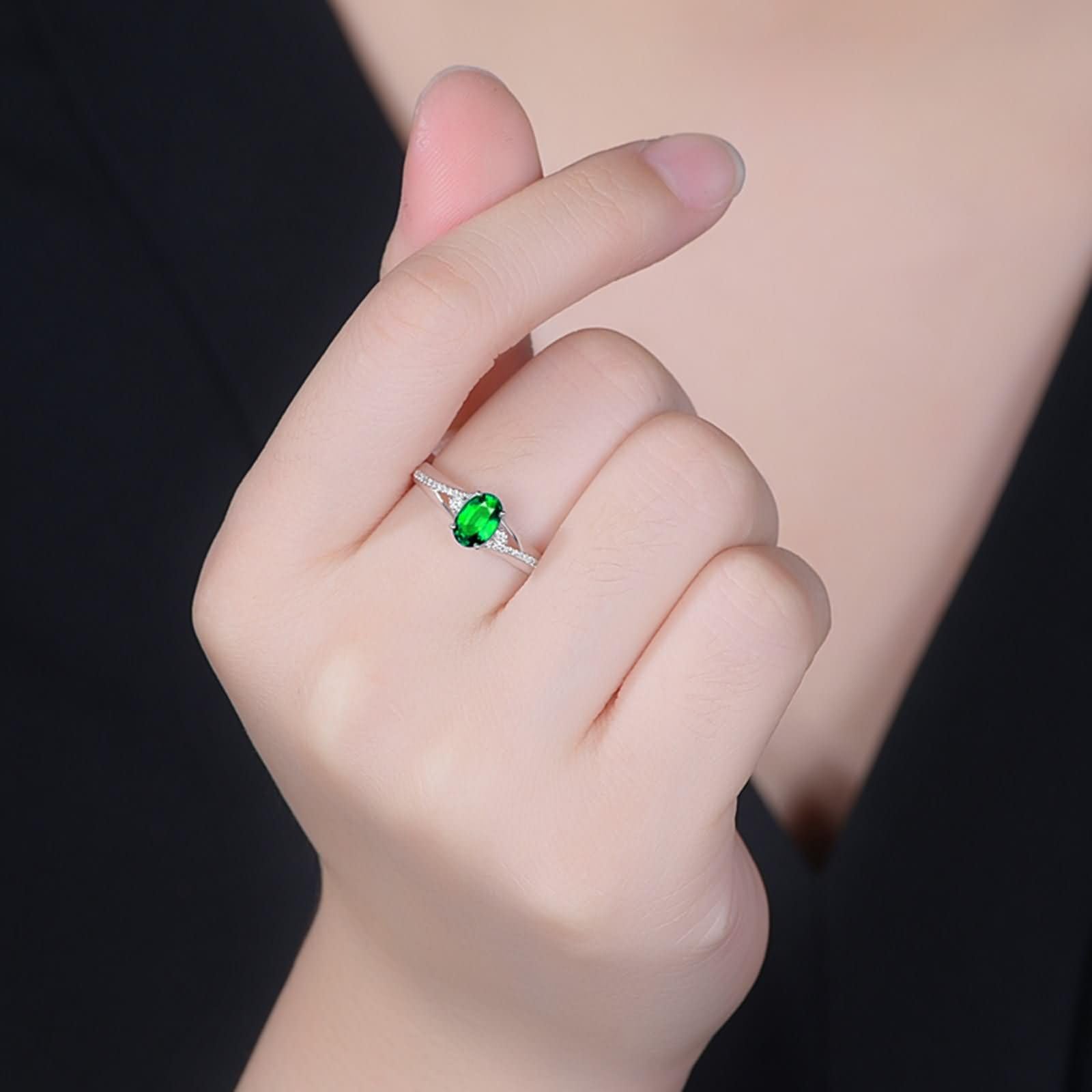 Damskie obrączki ślubne 9K / 14K / 18K białe złoto, 4 ząbki owalne ze szmaragdem 1,2 karata i diamentem, pierścionek zaręczynowy dla kobiet, srebrno-zielony