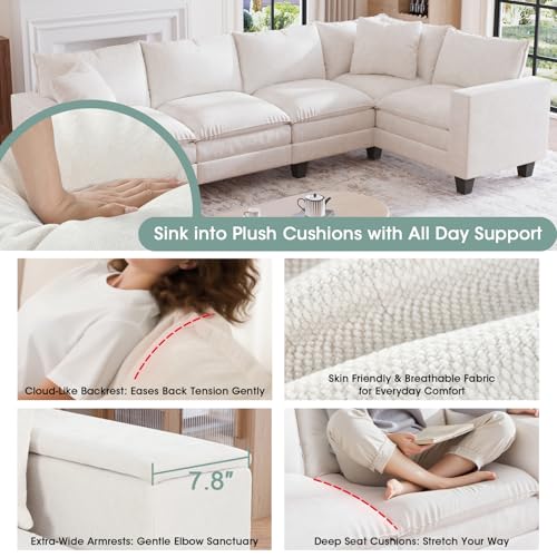 Image of 126 inch L Shaped Sectional Couch, Comfy Chenille Cloud Couch, 5 Seat Modular Cloud Sofa with 2 Pillows & Storage Armrests, Convertible V Shaped Corner Couch, Sectional Couches for Living Room, Beige