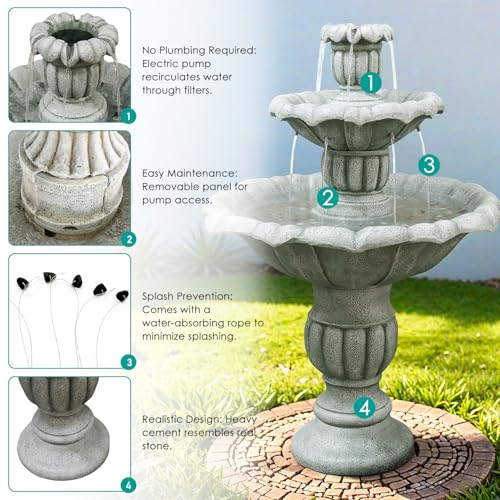 Image of SunJet 39.3 inch High Modern Concrete Outdoor Water Fountain - 3 Tiered Large Floor Water Fountain and Waterfalls with Electric Pump for Garden, Patio, Yard, and Deck Decor, Featuring Natural Stone Look