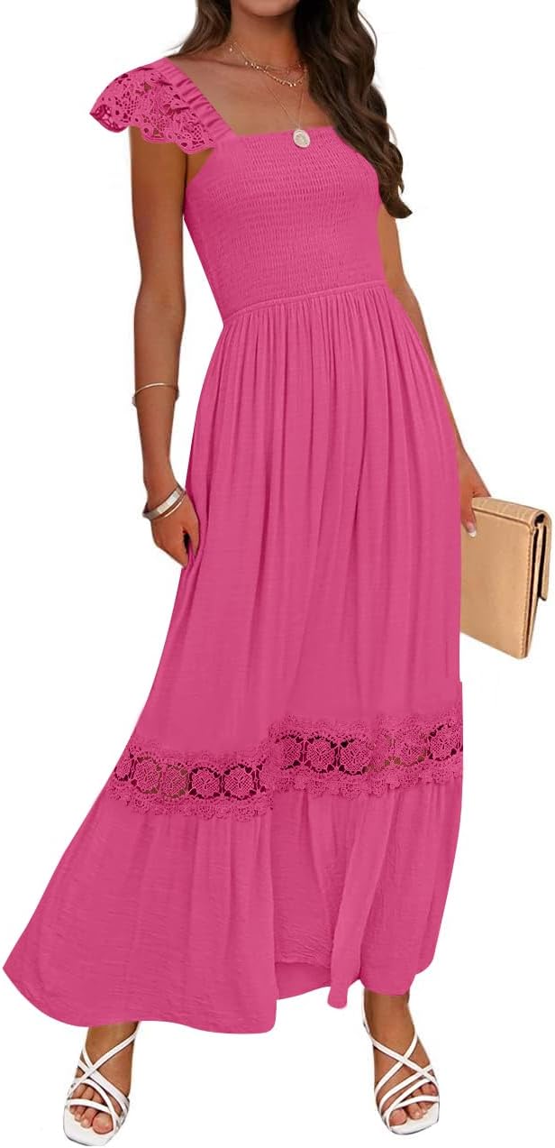 ZESICA Women's 2026 Summer Lace Strap Sleeveless Square Neck Smocked High Waist Ruffle Hollow Out Flowy A Line Maxi Dress
