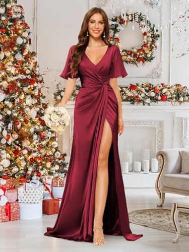 YOFF Short Sleeves Mermaid Bridesmaid Dresses with Slit Pleated Satin V-Neck Maxi Formal Dress YO1603