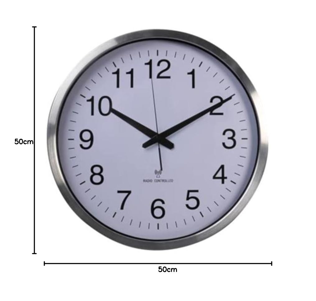 Perel Analoge Wanduhr 50 cm mit DCF-Zeitsynchronisation, extra großes gut lesbares Zifferblatt, silberner Aluminiumrahmen, Wohnzimmer Küche Büro Wartezimmer