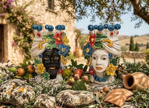 Coppia teste di moro Caltagirone con fiori in ceramica siciliana vasi grande H 20 cm