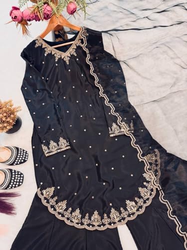 Image of Heavy Embroidered Crepe Silk Top with Sharara Palazzo and Lightweight Organza Dupatta - Festive & Party Ethnic Set for Women