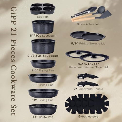 Image of GiPP Pots and Pans Set Detachable Handle Cookware Sets Kitchen Cooking Set | Non Stick,Healthy,Non Toxic,PFAS PFOA & PTFE Free, Dishwasher &Oven Safe, All Stoves are Compatible,Big Size,21PCS,Grey