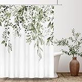 Tititex Olivgrünes Eukalyptus-Duschvorhang-Set, Aquarellblätter auf der Oberseite, Pflanze mit Blumen-Badezimmer-Dekoration, 183 x 198 cm, mit Haken