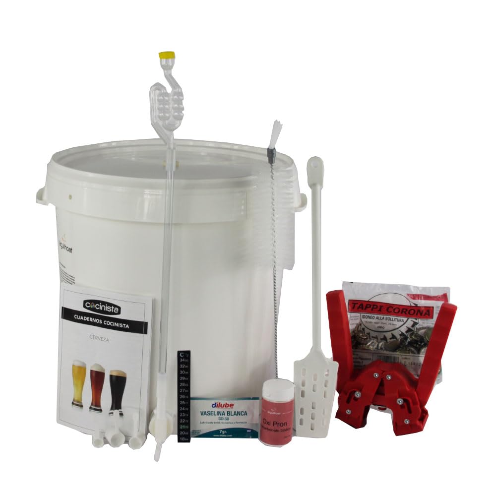 Cocinista Kit elaboración Cerveza casera 30 L con fermentador 1 ud, Grifo y airlock, chapador y 100 chapas, desinfectante sin aclarado, termómetro Adhesivo y Accesorios para embotellar fácil