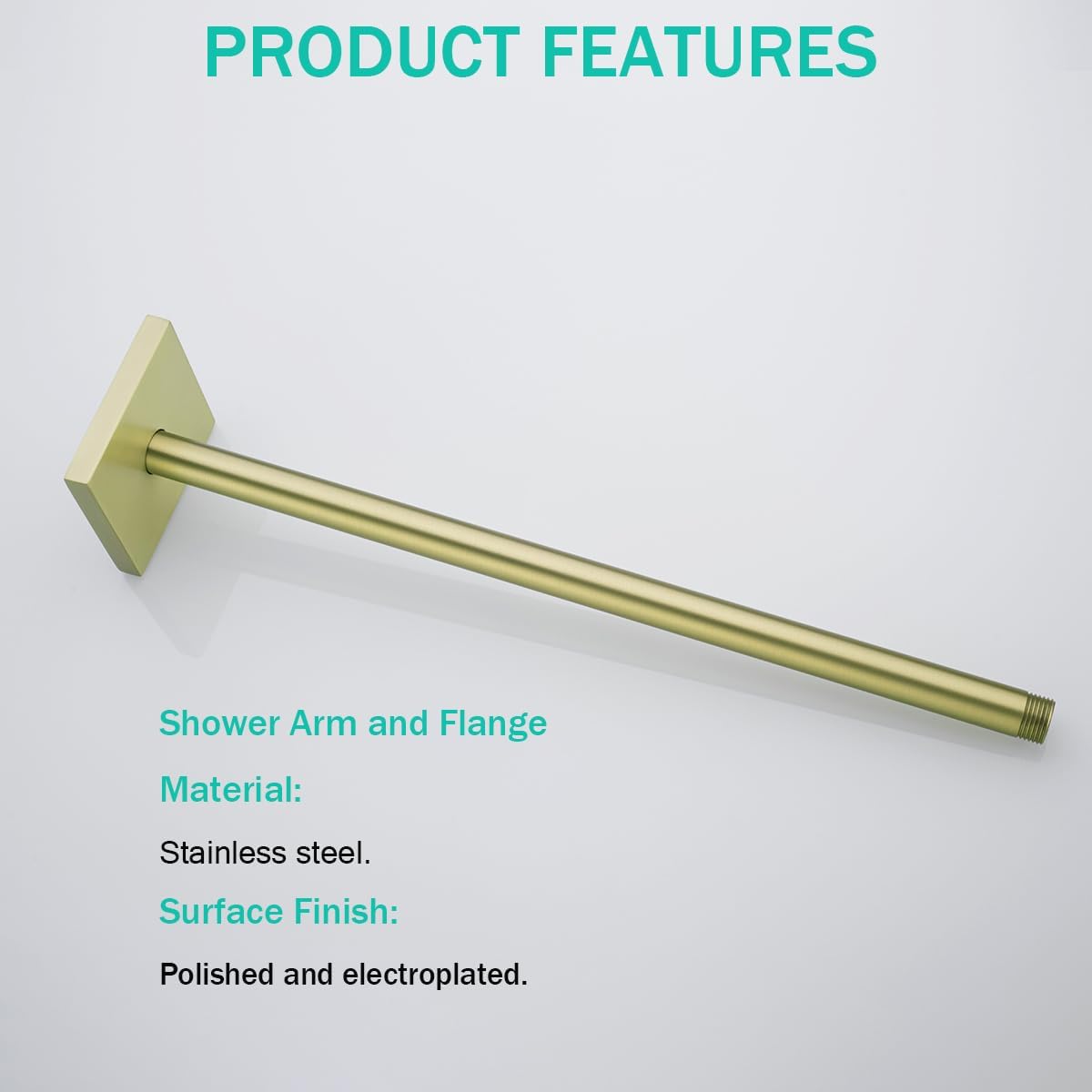 Brushed Gold Shower Arm with Flange,16 Inch Ceiling Mounted Fixed Shower Pipe,Bathroom Straight Rain Shower Replacement Arm,Universal Connection 1/2,SE-91038-16BG-SQ