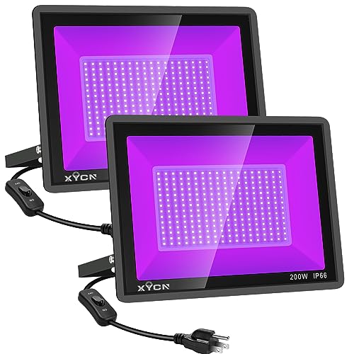 XYCN 2 Pack 200W LED Black Lights Outdoor, Flood Light with Plug, 395nm to 410nm IP66 Waterproof for Dance Party, Glow in The Dark, Stage Lighting, Body Paint, Fluorescent Poster, Neon Glow