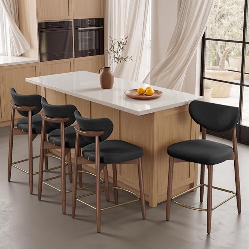 Image of VASAGLE Wooden Bar Stools Set of 4, Upholstered Counter Height Barstools with Solid Wood Legs, Ergonomic Backrest, Mid Century Modern, for Kitchen Island, Synthetic Leather, Ink Black