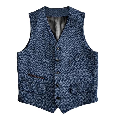 Image of SOLOVEDRESS Mens Vintage Classic Herringbone Pattern Suit Vest V Neck Casual Wool Blend Waistcoat for Men