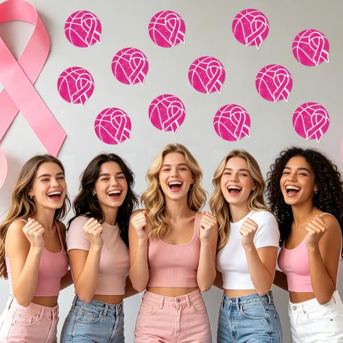 Image of Hot Pink Basketball Glitter Cutouts for Breast Cancer Awareness Supplies | 100Pcs Glitter Pink Basketball Cuts for Sports Party Birthday Favor Sports Ball Shape DIY Paper Cuts for Bulletin Board Decor