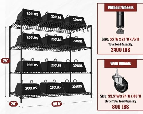 Image of PrimeZone 55.5 inchW x 24 inchD x 80 inchH Heavy Duty Wire Shelving with Wheels 2400LBS | 4 Tier Wire Garage Shelving Unit, NSF Tote Storage Rack, Industrial Metal Shelves, 4 inch Rolling Commercial Shelf for Warehouse