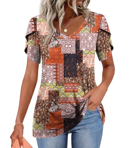 Image of CATHY 2026 Women Tops Summer Short Sleeve Tunic V Neck T-Shirts Loose Casual Floral Blouse S-4XL