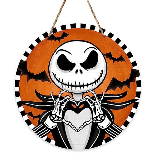 Deroro Halloween Jack Skellington Sign for Front Door Decor, Spooky Bat Wood Door Hanger for Outdoor Outside Porch, Funny Wooden Wreath Party Indoor Wall Hanging Decoration