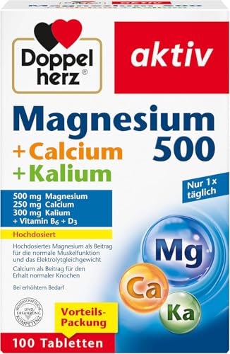 Doppelherz Magnesium + Calcium + Kalium - hochdosiertes Magnesium als Beitrag für die normale Muskelfunktion und das Elektrolytgleichgewicht - 100 Tabletten