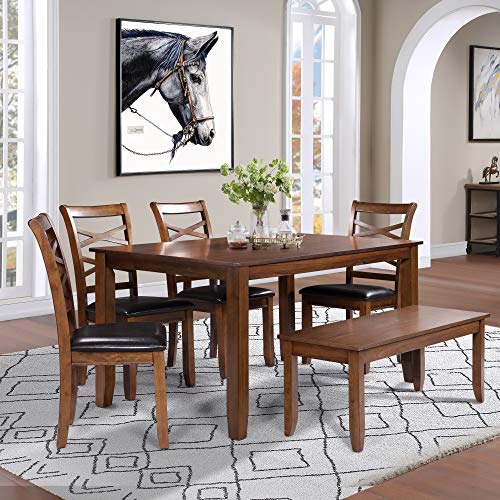 LALUZ 6 Piece Dining Table Set, Modern Wood Kitchen Furniture with 4 Chairs & Bench - Thumbnail 4