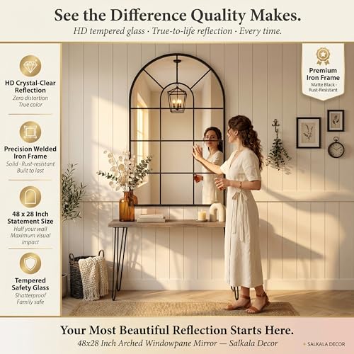 48x28Inch Arched Window Pane Mirror| Black Arched Mirrors for Wall & Floor | Arch Mirror Full Length for Entryway Living Room & Bedroom | Oversized Mirrors | Wall Art Decorative |Farmhouse Décor — view 3