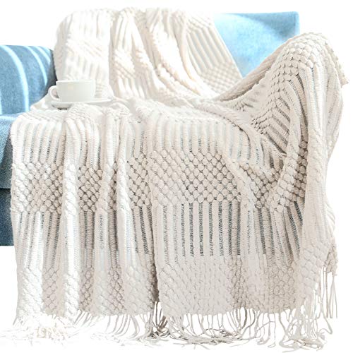 Panegy Jeté de Canapé Beige Jeté De Canapé Tricot Plait en Tricot Beige Couverture Tricotée Beige Couvre Lit Beige avec Franges Toutes Saison 127*152CM