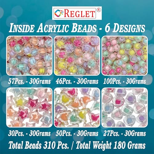 Image of 310 Pcs Inside Crystal Beads for Jewellery Making Kit - Beads for Bracelet Making Kit - Beads for Craft - Acrylic - Multicolour - 6 Designs, 180g