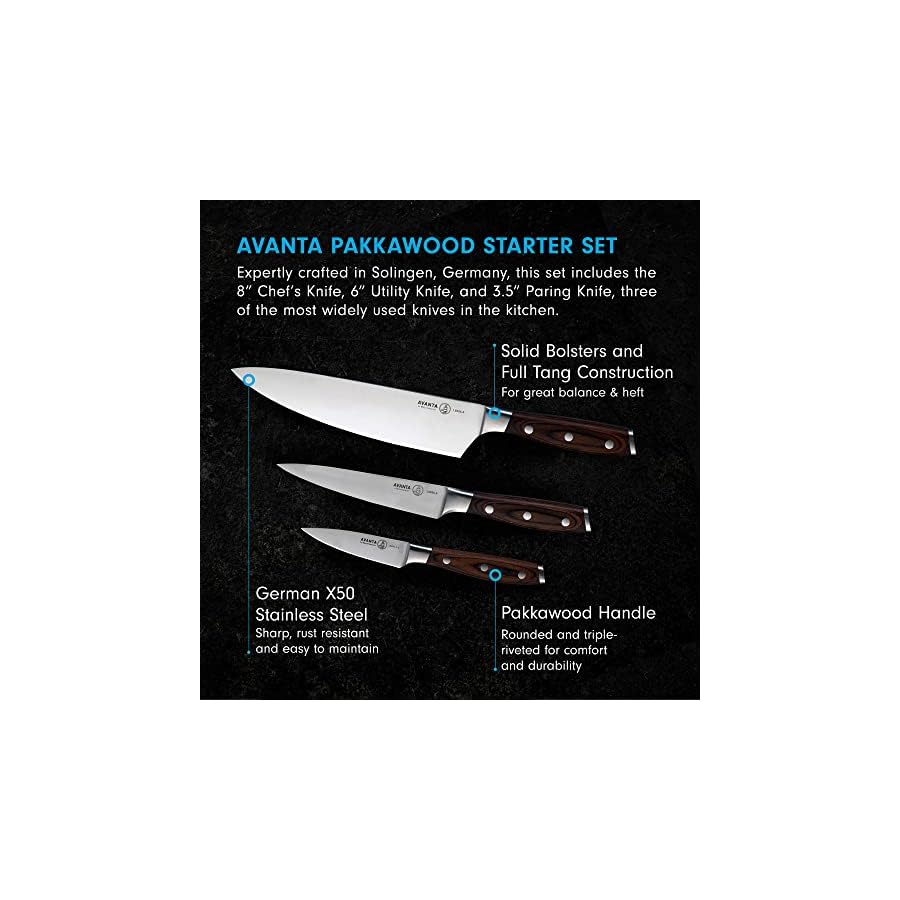 Messermeister-Avanta-3-Piece-Pakkawood-Starter-Set-German-X50-Stainless-Steel-Includes-8-Chefs-Knife-6-Utility-Knife-3-Paring-Knife Messermeister Avanta 3-Piece Pakkawood Starter Set - German X50 Stainless Steel - Includes 8” Chef’s Knife, 6” Utility Knife & 3” Paring Knife