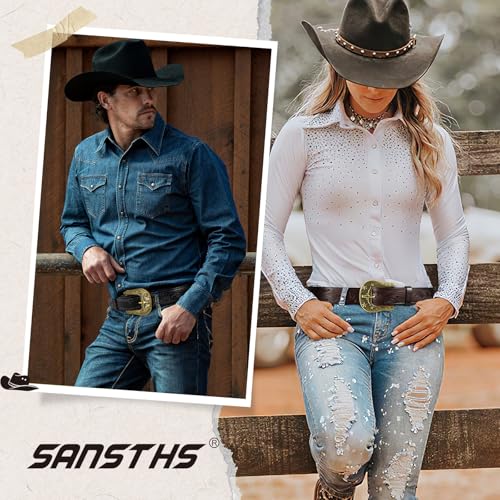 SANSTHS Western Belts for Men Women, Adjustable Mens Cowboy Country Belt for Pants Jeans with Vintage Engraved Leather2