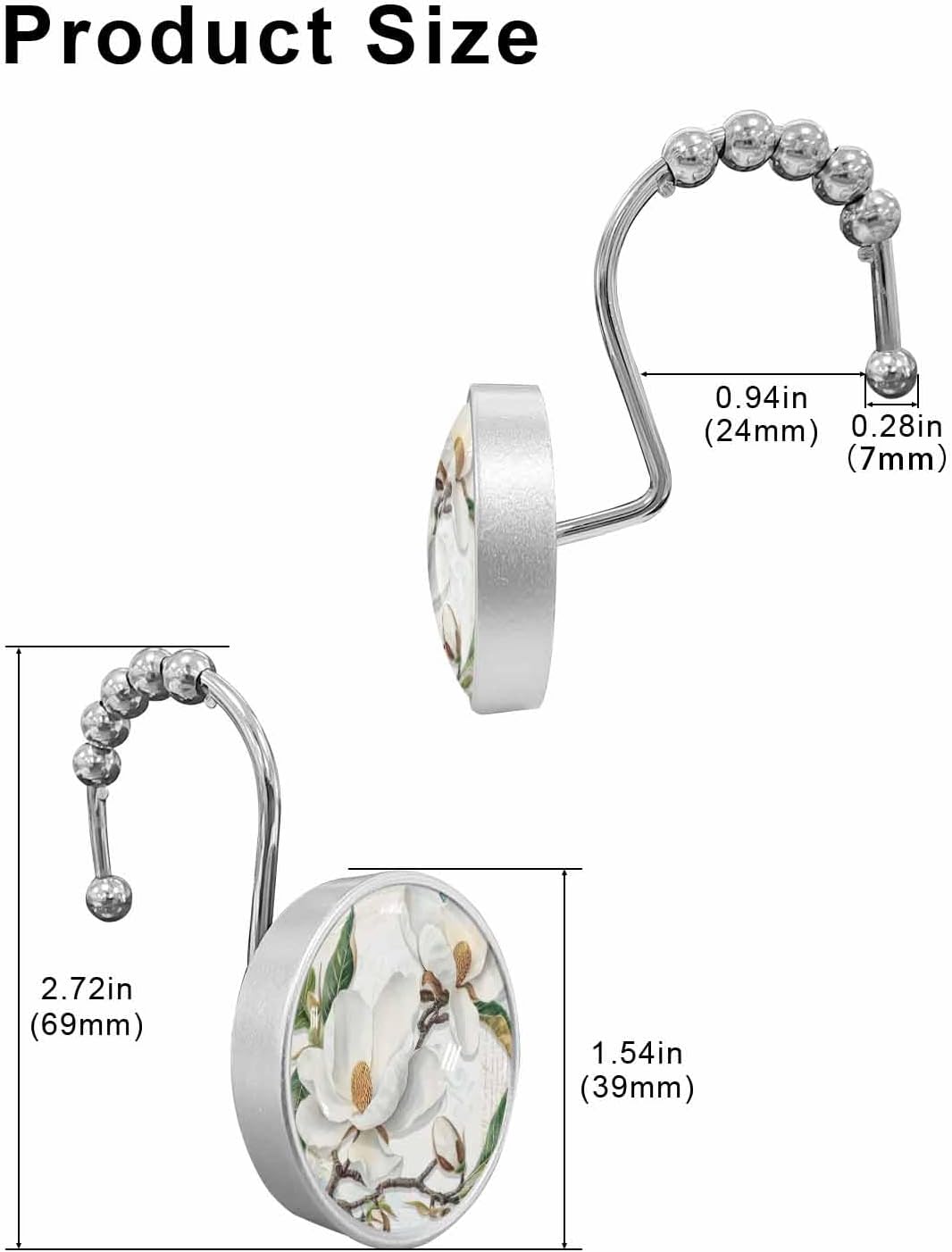 Flowers Shower Curtain Hooks 12 Pcs Spring White Magnolia Vintage Letter Background Stainless Steel Rust Proof Rolling Shower Curtain Rings, Decorative Shower Curtain Hooks Hangers for Bathroom