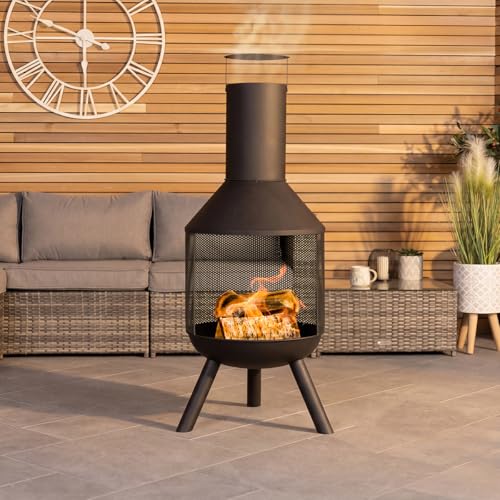 CHARLES BENTLEY Outdoor Garden 44.5cm Round Iron And Black Powder Coated Steel Modern Patio Heater Chimenea Wood And Charcoal Burner Rust Resistant 360 Degree Heat In Black (116x44.5x44.5cm)