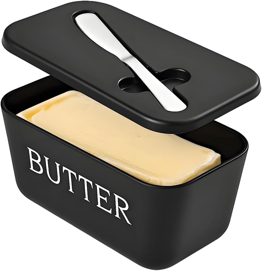 Image of Large Plastic Butter Dish with Lid and Knife, Food Grade PP Butter Holder Keeper with Cover for Kitchen Refrigerator Butter Container (Black)
