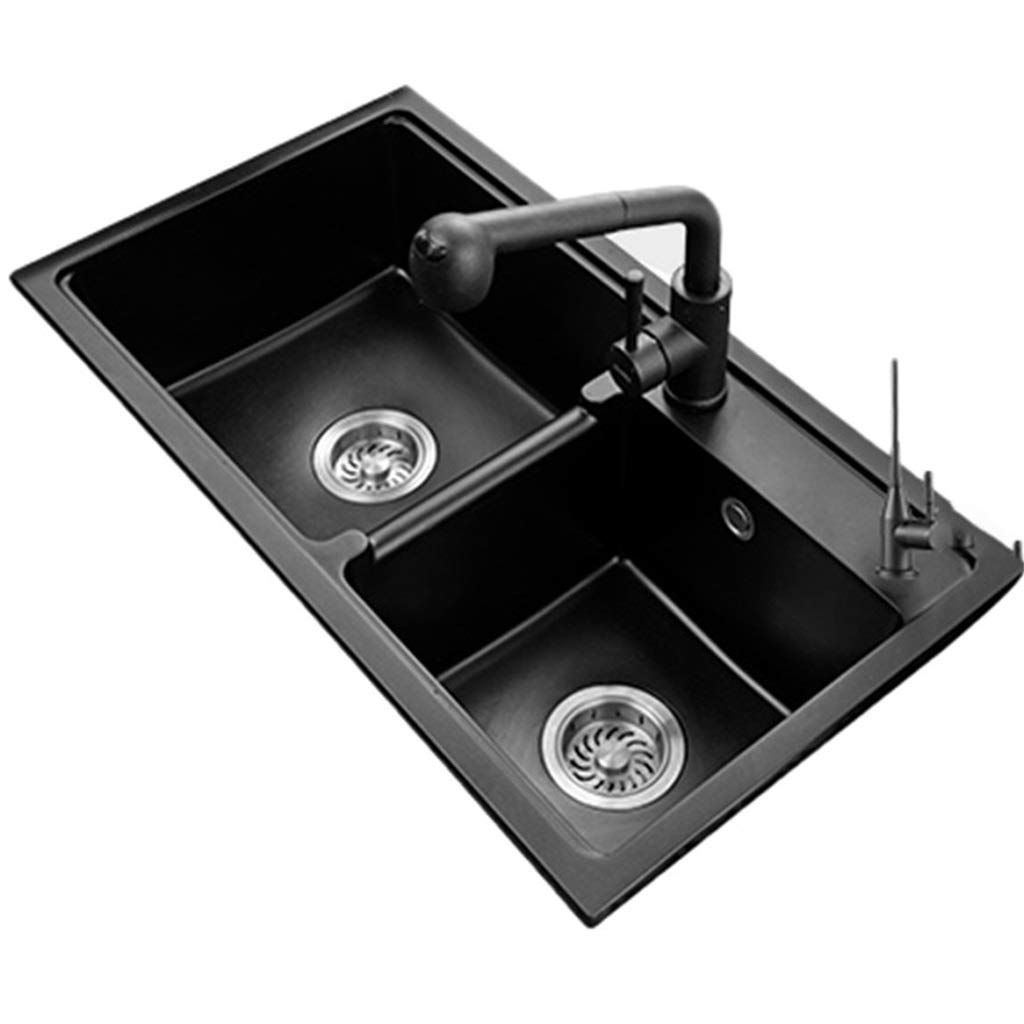 ZQFHSX Kitchen Fixtures Black Sink Household Quartz Stone Tableware Cleaning Pool with Telescopic Faucet and Net (Color : Black, Size 68 * 39 22cm)