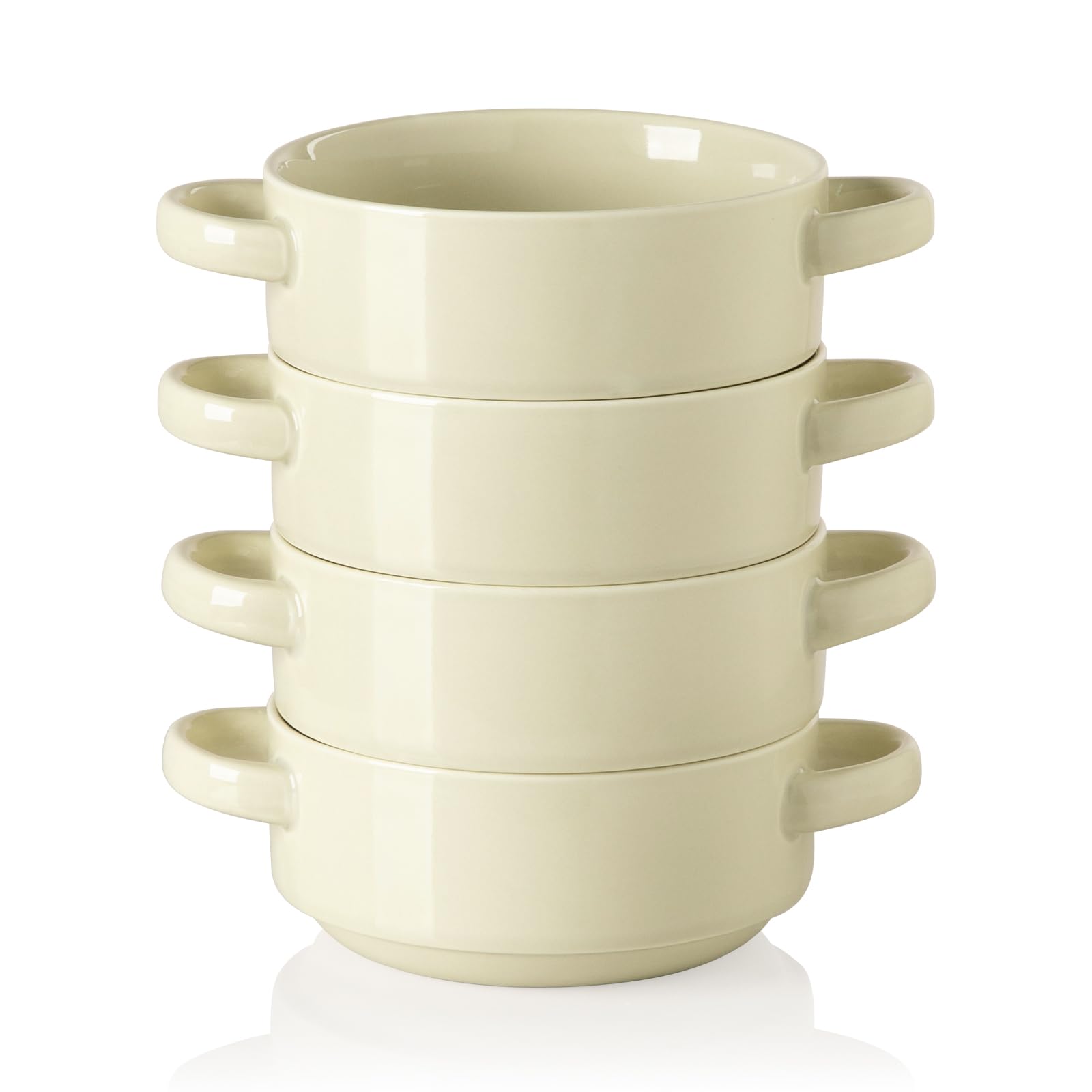 Sweejar Ceramic Soup Bowls with Double Handles, 20 Oz Stacked Bowls for French Onion Soup, Cereal, Pot Pies, Stew, Chill, Pasta, Set of 4(Beige)