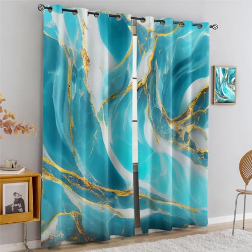 Rideaux occultants thermiques anti-froid | Paire de rideaux à oeillets marbre 3D bleu nuit 214cm