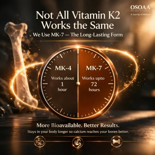 Image of OSOAA Vitamin D3 K2 MK7 Supplement - 60 Tablets | Vitamin D3 (600 IU) | Promotes Calcium Absorption, Bone Health, Muscle Strength & Immunity | Plant Based- Lichen Source