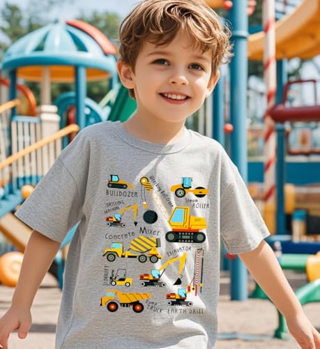 Construction Shirt for Toddler Boys Kids Dinosaurs T-Shirt Short Sleeve Car Tractor Truck Excavator Clothes 2-7T2