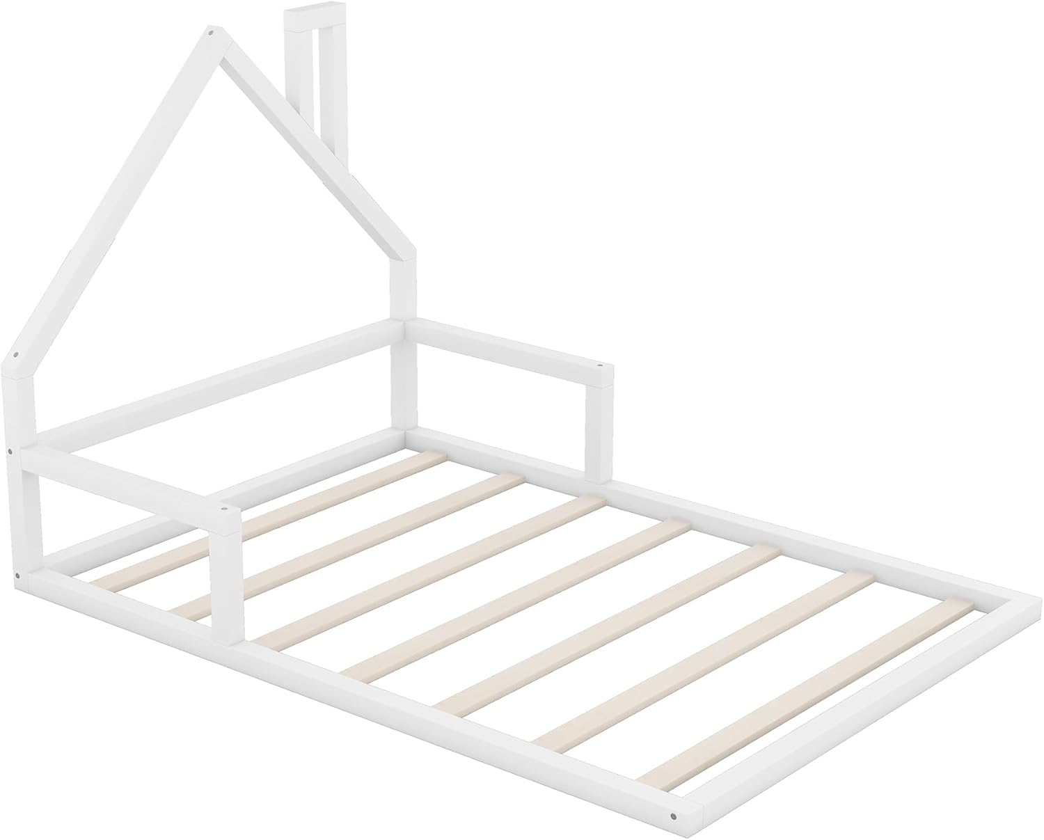 Rhomtree House Bed Frames for Kids,Wood Floor Bed with House-Shaped Headboard, Floor Bed with Rails for Girls Boys, No Box Spring Required(White, Full)