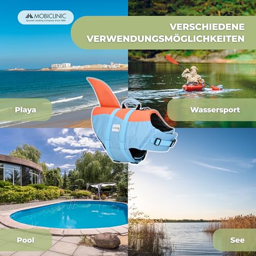 Mobiclinic®, Schwimmweste Hund, Haifischflossen-Design, Rettungsgriff, Verstellbares Geschirr, Leinenring, Hoher Auftrieb und Gute Sichtbarkeit, Sharky, Leicht, Schwimmen, Surfen, Segeln