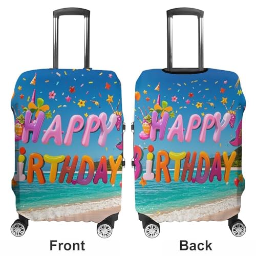 Happy Birthday on The Beach Elastic Luggage Cover Suitcase Protector for 19-32 Inch Suitcases | Universal Stretchable Travel Bag Cover | Anti-Scratch, Washable with Zipper Closure XL3