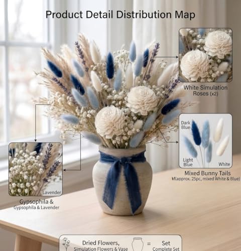 Set de Ramo de Flores Secas Boho 87 Piezas Azul y Blanco miniatura 6