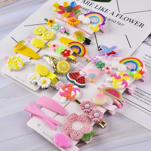 Image of Giggles Boo 28 Pcs Korean Style Hair Clips Set for Girls & Kids | Cute Rainbow, Fruit, Flower & Unicorn Designs | Metal Tic Tac Pins for Toddlers & Women | Pink, Purple, Yellow (2 Random Pack)