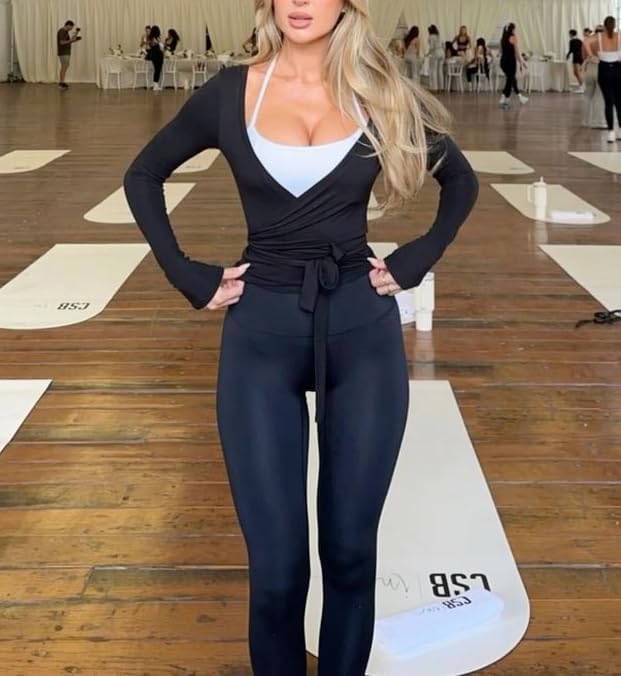 Ballet Wrap Tops for Women Y2k Long Sleeve Pilates Coquette Tops V-Neck Fitted Tie Front Crop Shirts Workout Blouse3