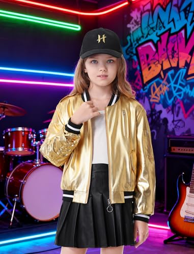 LOLANTA Kids Metallic Shiny Jacket Lightweight Zip Up Pockets Holographic Cropped Girls Bomber Jacket4
