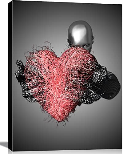 Framed Love Red Heart 3d Metal Sculpture Effect Romantic Couple Living Room Canvas Wall Art, Black And White Modern Abstract Embrace Lovers Painting Picture Poster Print Bedroom Living Room Bathroom Hotel Valentine'S Day Ready To Hang 12x16inch