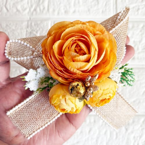 Image of ADIKALA Handmade Artificial Big Peonies 3 Flower Bunch for Trousseau Packing, Ready to use Flower Brooch Hamper for Decoration, Gift Wrapping Flowers (3, Orange Jute)