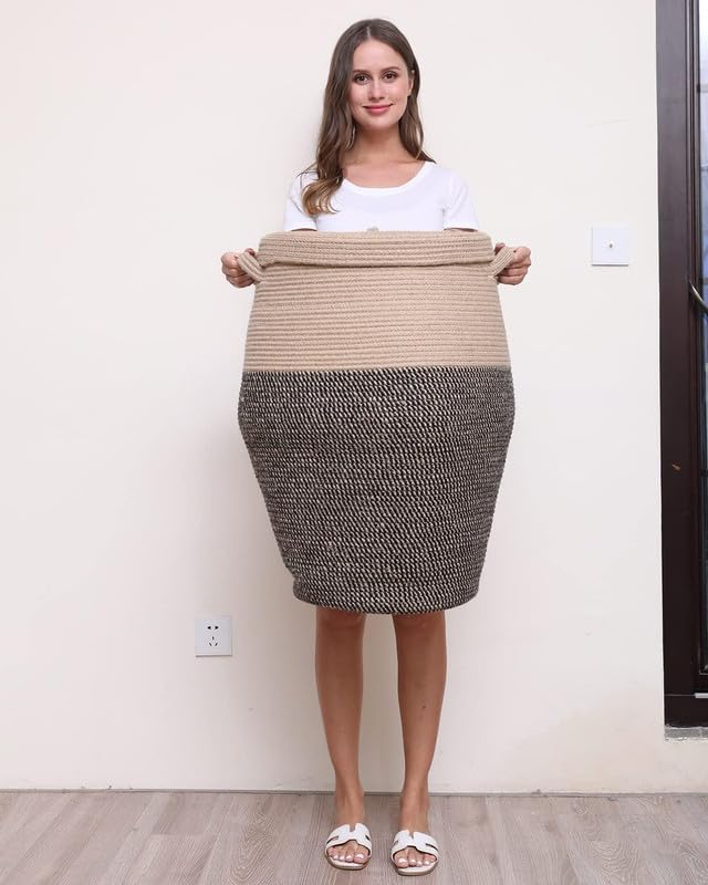 Image of Storage Cotton Rope Basket and Laundry Hamper for Dirty Clothes, Towels, Blankets, Pillows Storage in Living Room, Laundry Room and Bedroom (Beige & Mix With Lid, 15x18 Inch)