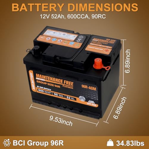 Image of Autocessking Group Size 96R Start and Stop AGM Automotive Battery, 12V 52Ah, 600 CCA, 90 RC Rechargeable Car Battery, 36 Months Warranty