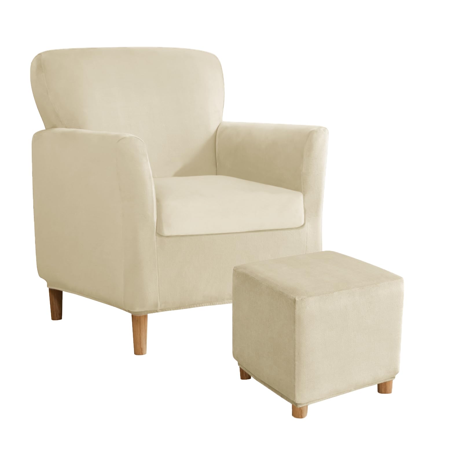SYLC Stretch Velvet Armchair Sofa Covers with Ottoman Cover Rectangle/Square, Banquet Tub Chair Covers Footstool Slipcover Furniture Protector (Beige,Chair+Seat+Square L)