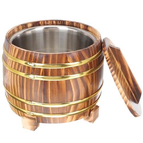 HEALEEP Cubo de Madera para Arroz al Vapor Interior de Acero Inoxidable 18 Cm, Contenedor Redondo Tapa para Almacenar Arroz Cocido, Multifunción para Cocina y Sushi en Hogar y Restaurante