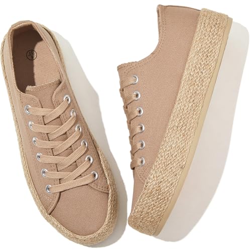 Waluzs Canvas Shoes for Women White Platform Sneakers Low Top Lace Up Tennis Shoes Comfortable Casual Walking Shoes