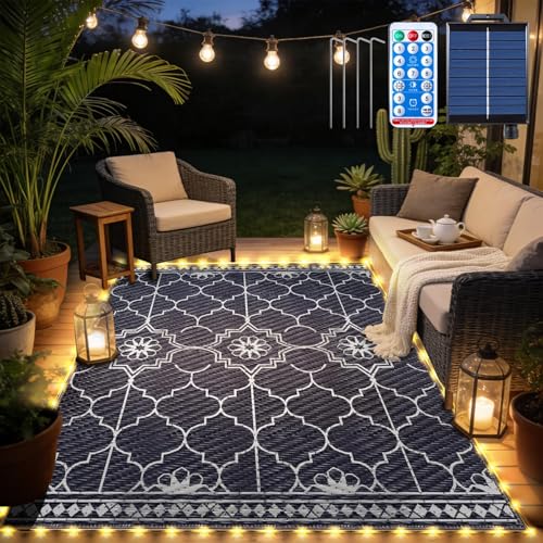 6x9Ft Outdoor Rug Solar Powered Outdoor Rug with 94LEDs Strip Lights for House Deck Waterproof Plastic Reversible Outdoor Straw Rugs Rugs Mat RV Camping Patio Beach Balcony Picnic (Blue White)