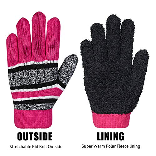 OZERO 2Pcs Kids Winter Knit Hat Gloves Set Warm Fleece Lining Thermal Beanie for 3-8 Year Boys and Girls3